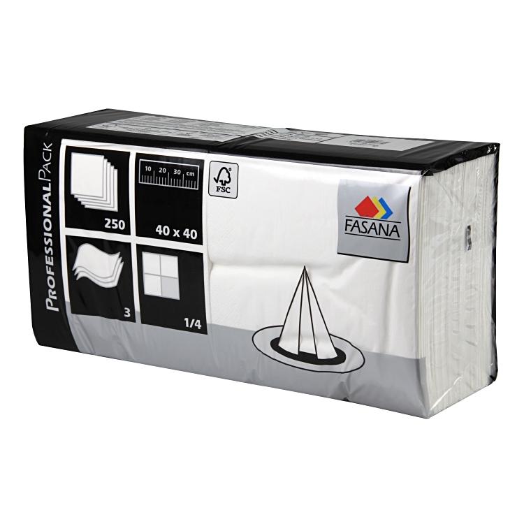 Serviettes blanches 40x40cm 3che 1/4pli pqt 250pce FASANA