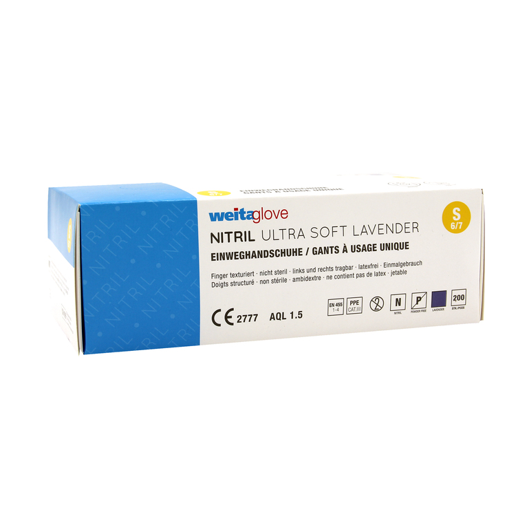 Gants nitril S lavande n/pdre bte 200pce WEITAGLOVE