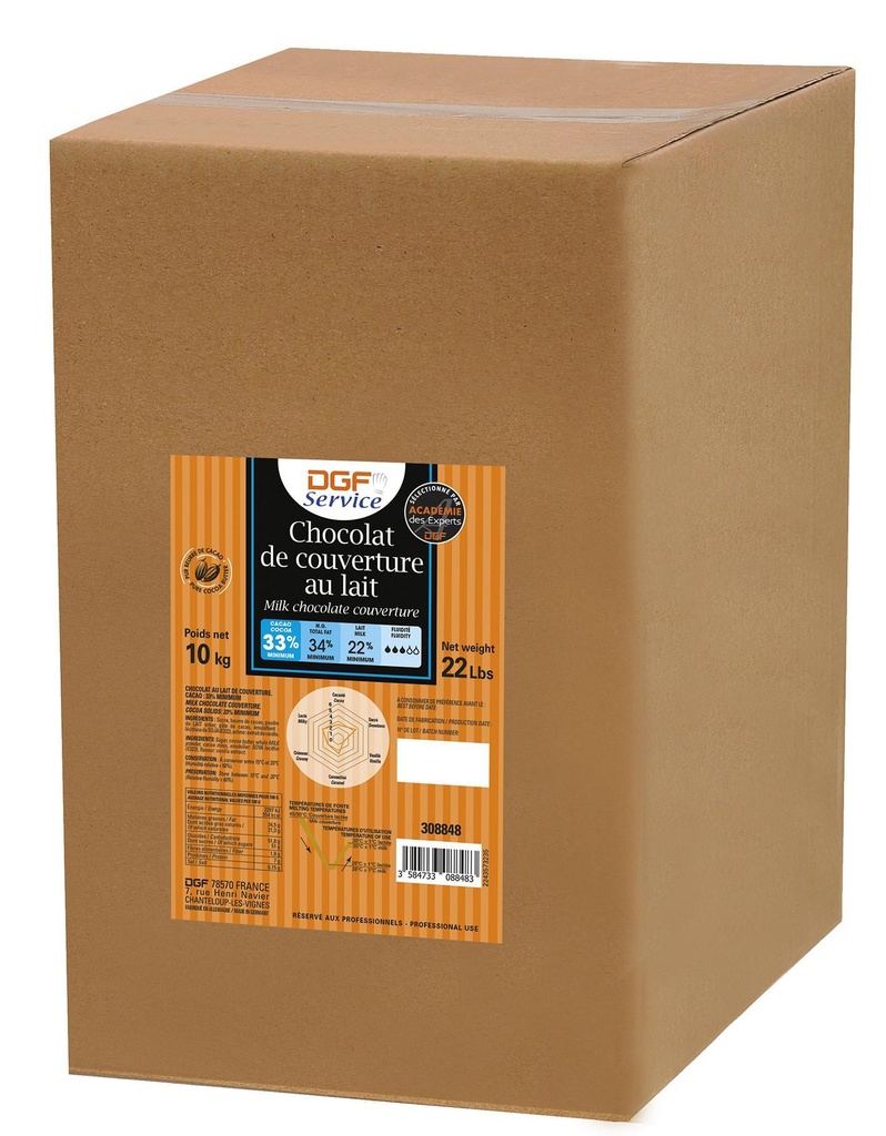 Couverture chocolat au lait 33% crt 10Kg DGF SERVICE