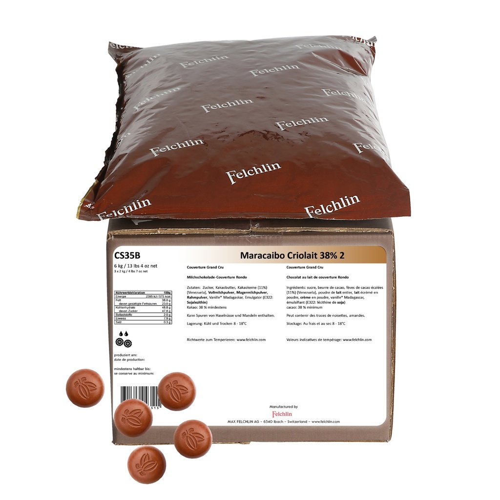 Couverture chocolat au lait 38% Maracaibo Criolait sac 2Kg FELCHLIN