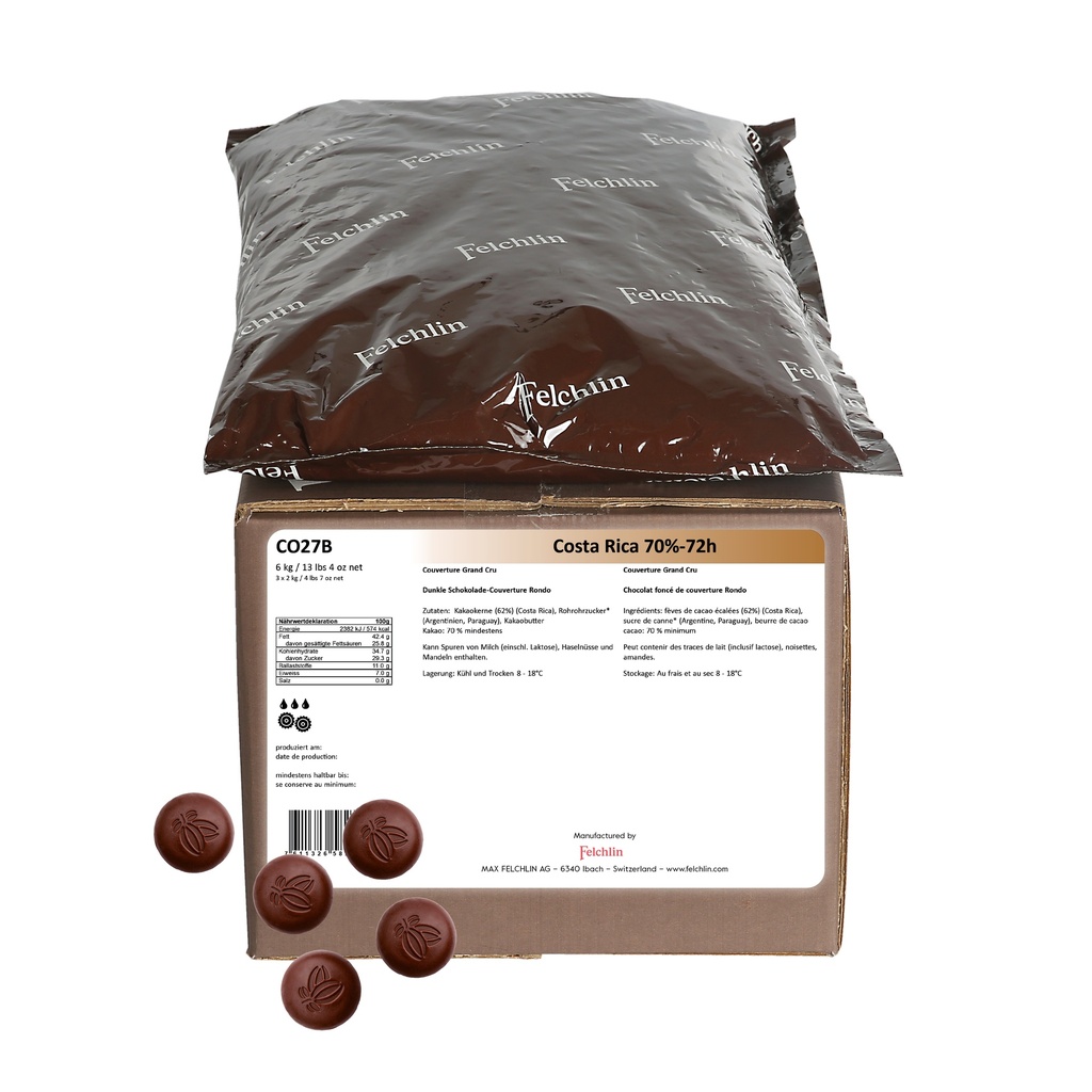Couverture chocolat noir 70% Costa Rica sac 2Kg FELCHLIN